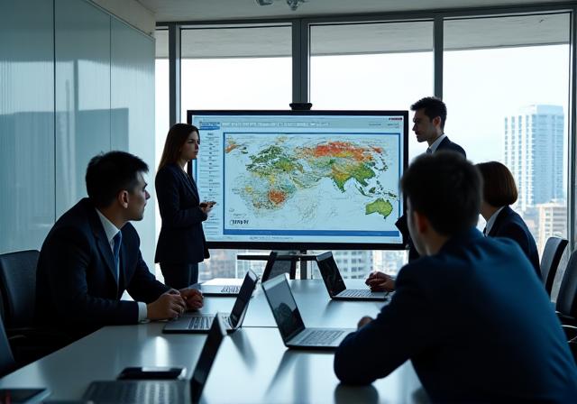 A professional team of geologists and analysts discussing charts in a modern Seoul office.